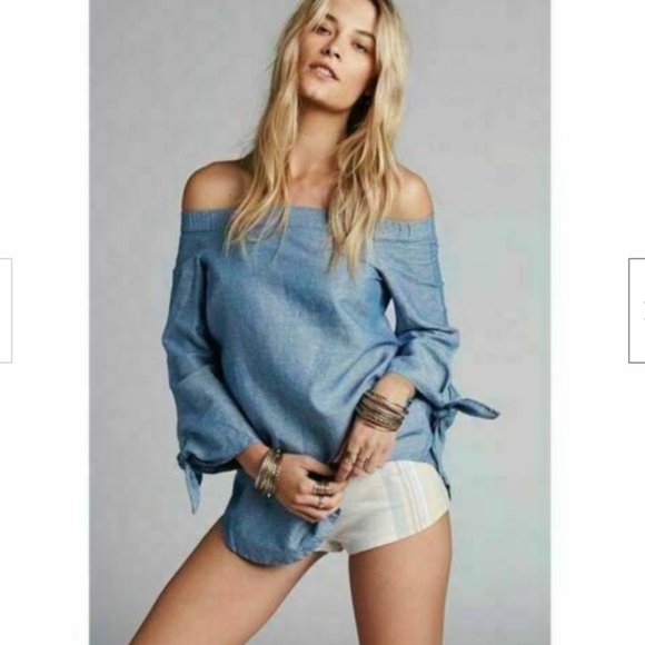 Free People Show Me Some Shoulder Chambray Top - Picture 1 of 2